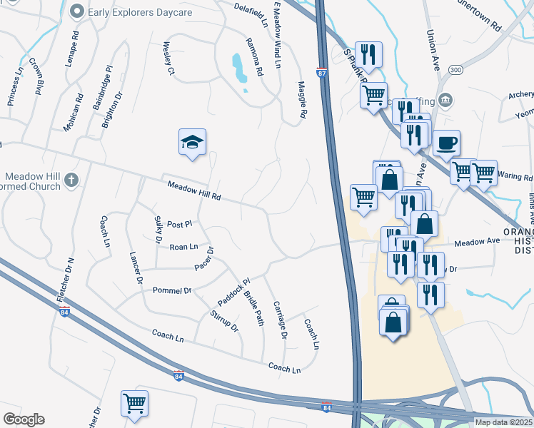map of restaurants, bars, coffee shops, grocery stores, and more near 32 Meadow Hill Road in Newburgh