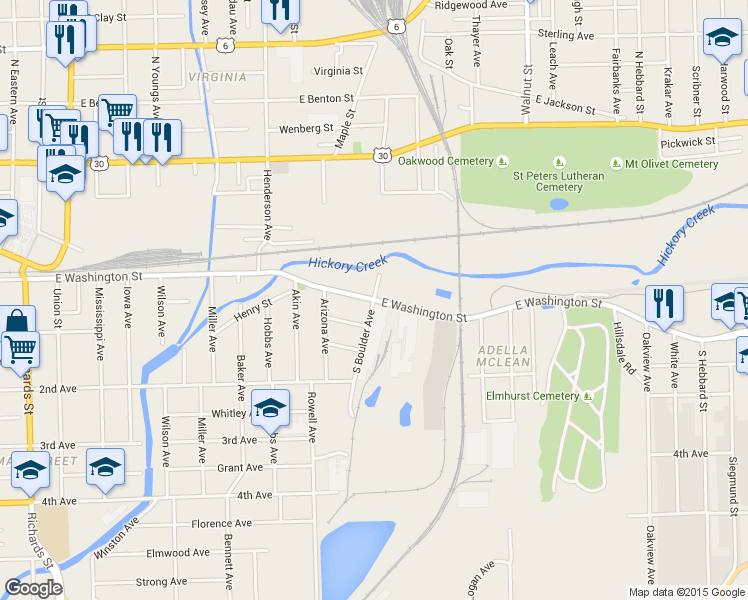 map of restaurants, bars, coffee shops, grocery stores, and more near 10 South Boulder Avenue in Joliet