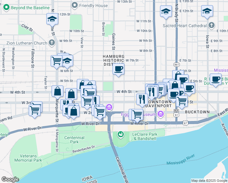 map of restaurants, bars, coffee shops, grocery stores, and more near W 4th St & Gaines St in Davenport