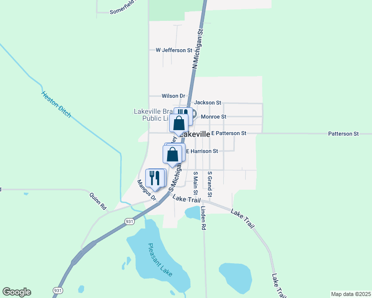 map of restaurants, bars, coffee shops, grocery stores, and more near 124 South Michigan Street in Lakeville