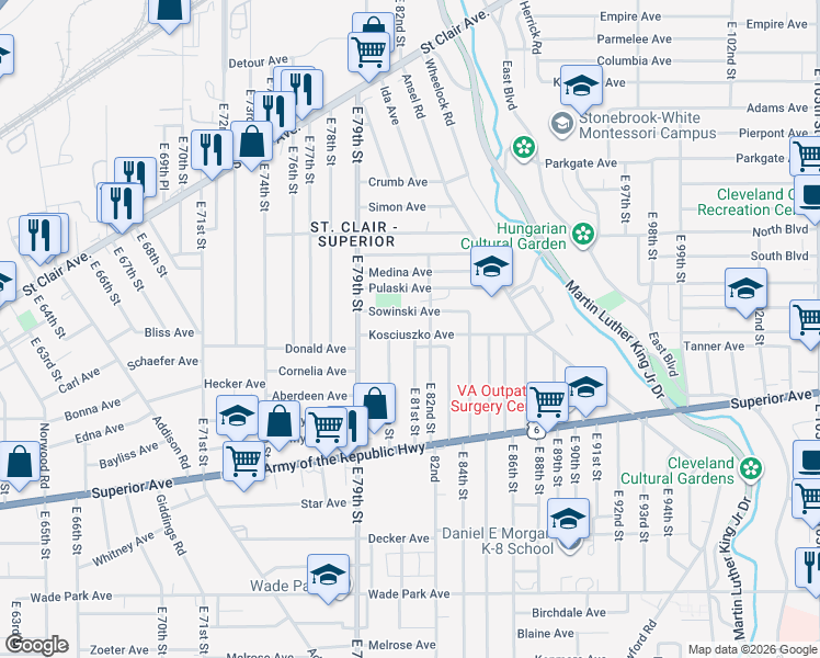map of restaurants, bars, coffee shops, grocery stores, and more near 1180 East 81st Street in Cleveland