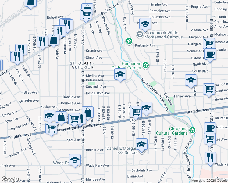 map of restaurants, bars, coffee shops, grocery stores, and more near 1184 East 85th Street in Cleveland