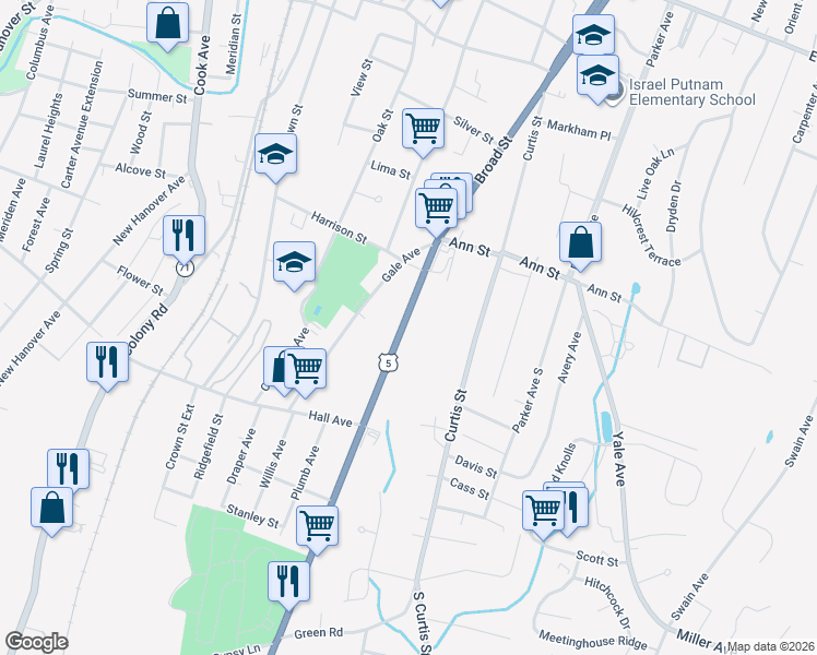 map of restaurants, bars, coffee shops, grocery stores, and more near 46 U.S. 5 in Meriden