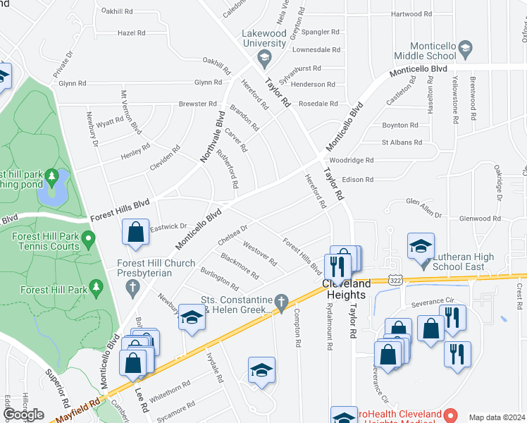 map of restaurants, bars, coffee shops, grocery stores, and more near 3297 Chelsea Drive in Cleveland Heights