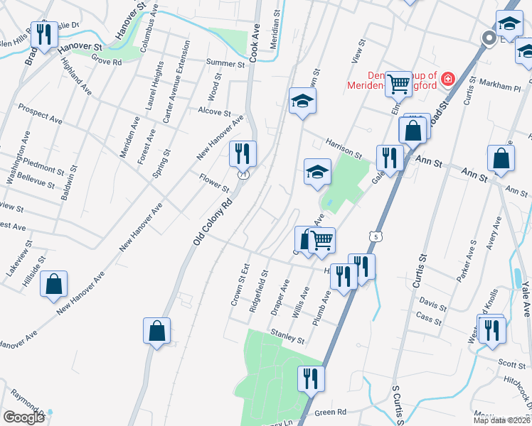 map of restaurants, bars, coffee shops, grocery stores, and more near 581 Crown Street in Meriden
