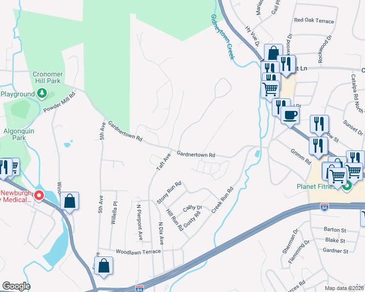map of restaurants, bars, coffee shops, grocery stores, and more near 84 Gardnertown Road in Newburgh