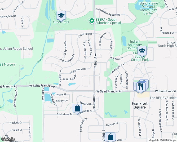map of restaurants, bars, coffee shops, grocery stores, and more near 8040 West Westport Drive in Frankfort