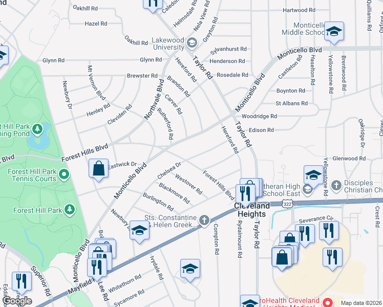 map of restaurants, bars, coffee shops, grocery stores, and more near 1345 Forest Hills Boulevard in Cleveland Heights