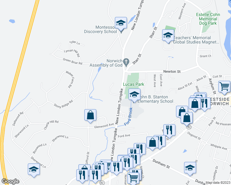 map of restaurants, bars, coffee shops, grocery stores, and more near 5 Gardner Acres Road in Norwich