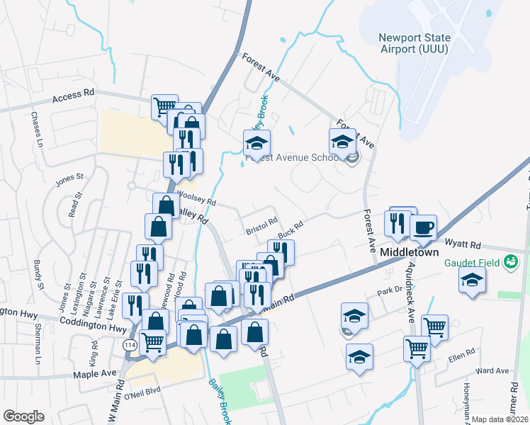 map of restaurants, bars, coffee shops, grocery stores, and more near 9 Bristol Road in Middletown