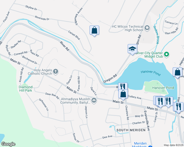 map of restaurants, bars, coffee shops, grocery stores, and more near 105 Dana Lane in Meriden