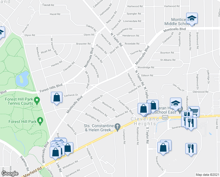 map of restaurants, bars, coffee shops, grocery stores, and more near 1345 Forest Hills Boulevard in Cleveland Heights