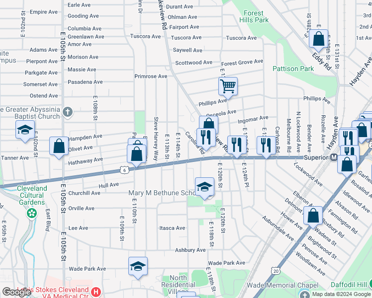 map of restaurants, bars, coffee shops, grocery stores, and more near 11503 Superior Avenue in Cleveland
