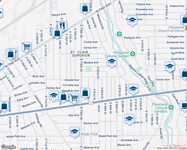 map of restaurants, bars, coffee shops, grocery stores, and more near 1180 East 81st Street in Cleveland