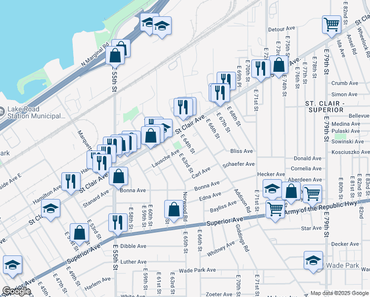 map of restaurants, bars, coffee shops, grocery stores, and more near 1114 East 63rd Street in Cleveland
