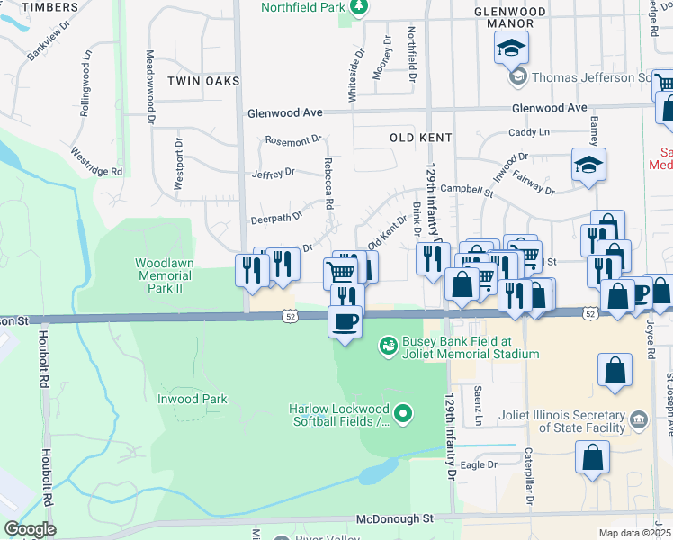 map of restaurants, bars, coffee shops, grocery stores, and more near 2955 West Jefferson Street in Joliet