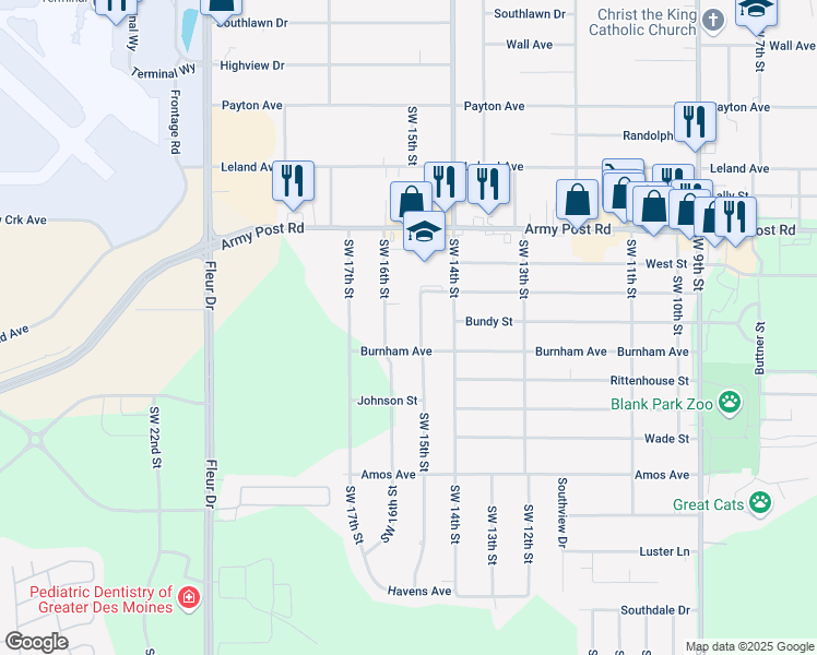 map of restaurants, bars, coffee shops, grocery stores, and more near 6709 Southwest 16th Street in Des Moines
