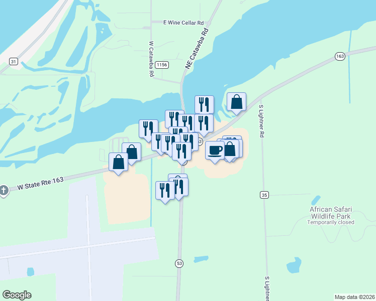 map of restaurants, bars, coffee shops, grocery stores, and more near 61 Southeast Catawba Road in Port Clinton