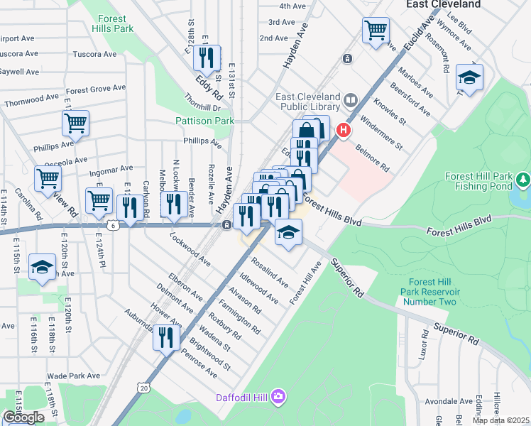 map of restaurants, bars, coffee shops, grocery stores, and more near 13519 Euclid Avenue in East Cleveland