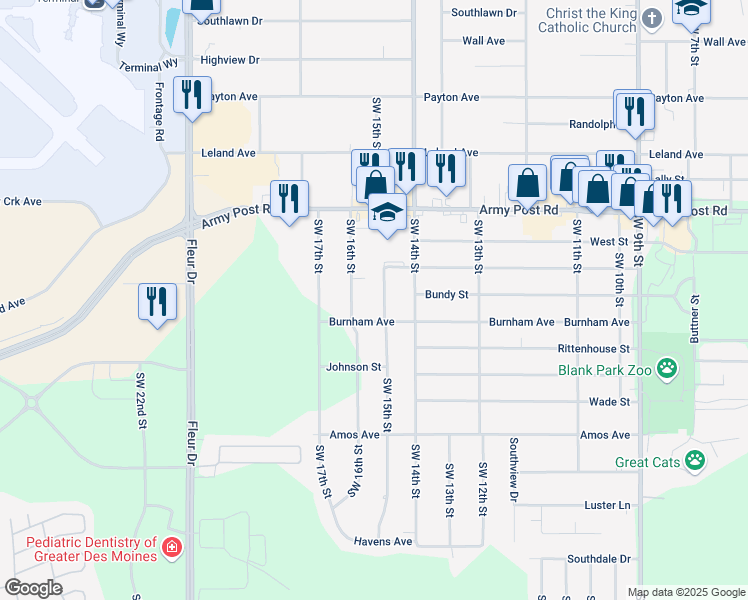 map of restaurants, bars, coffee shops, grocery stores, and more near 6709 Southwest 16th Street in Des Moines
