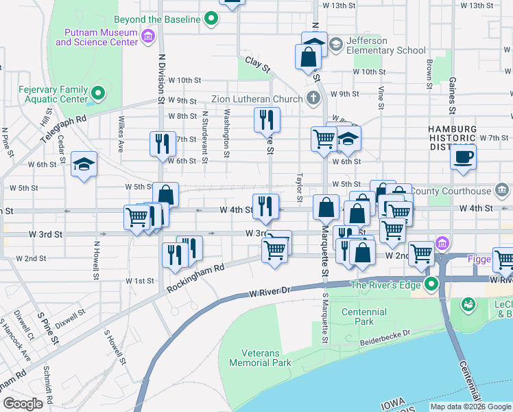 map of restaurants, bars, coffee shops, grocery stores, and more near 1431 West 4th Street in Davenport