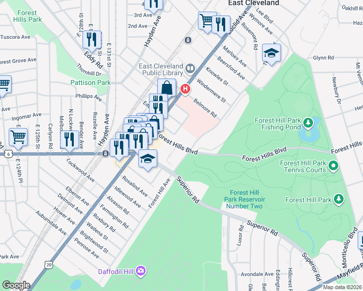 map of restaurants, bars, coffee shops, grocery stores, and more near 1875 Forest Hills Boulevard in Cleveland