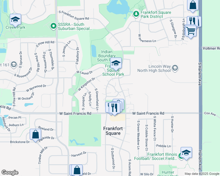 map of restaurants, bars, coffee shops, grocery stores, and more near 7725 West Floral Court in Frankfort