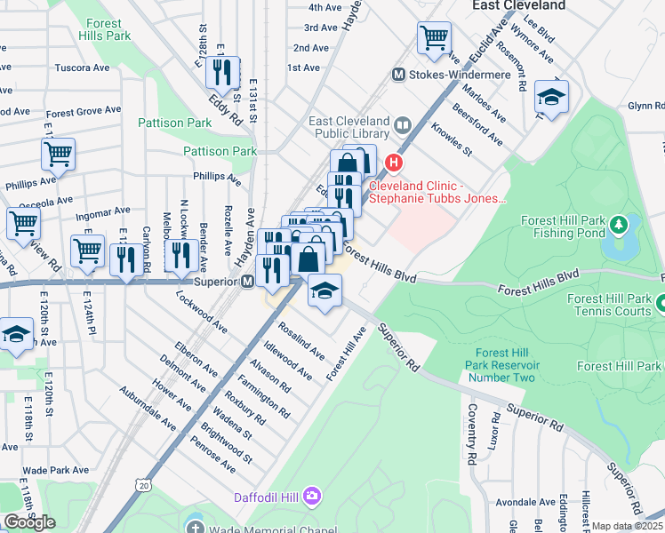 map of restaurants, bars, coffee shops, grocery stores, and more near 13534 Euclid Avenue in East Cleveland