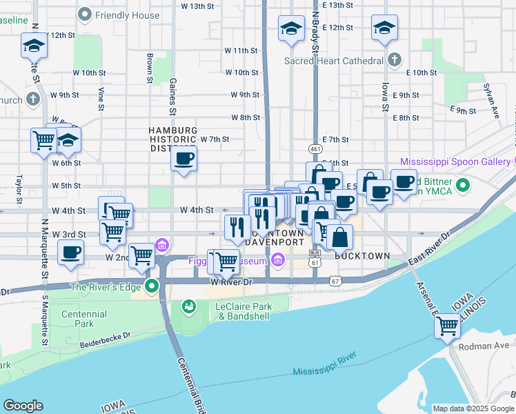 map of restaurants, bars, coffee shops, grocery stores, and more near in Davenport