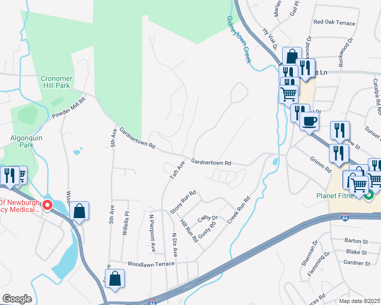 map of restaurants, bars, coffee shops, grocery stores, and more near 90 Gardnertown Road in Newburgh