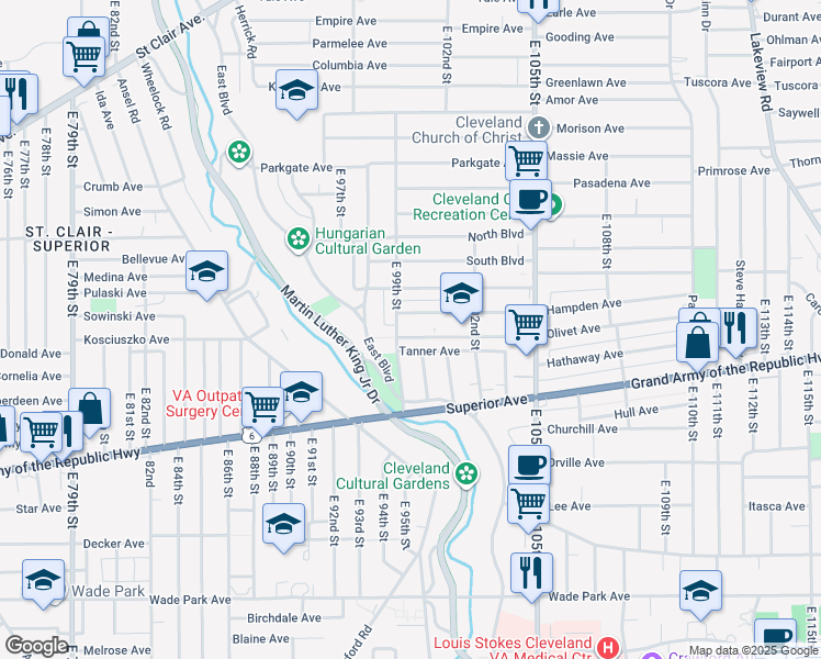 map of restaurants, bars, coffee shops, grocery stores, and more near 9911 Olivet Avenue in Cleveland