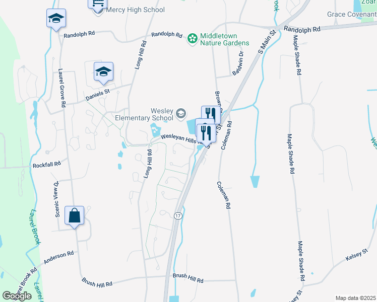 map of restaurants, bars, coffee shops, grocery stores, and more near 14 Blue Spruce Street in Middletown