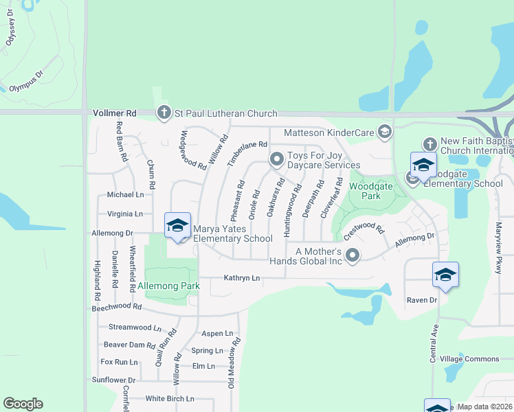 map of restaurants, bars, coffee shops, grocery stores, and more near 123 Oriole Road in Matteson