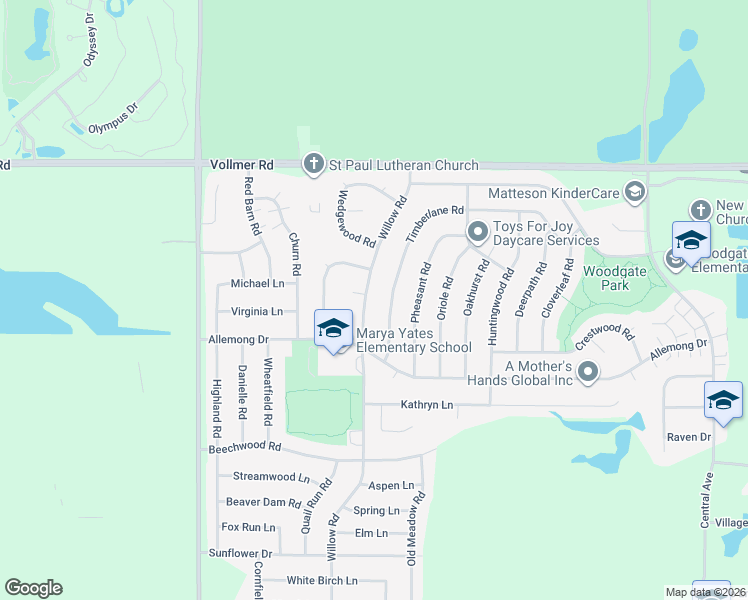 map of restaurants, bars, coffee shops, grocery stores, and more near 125 Willow Road in Matteson