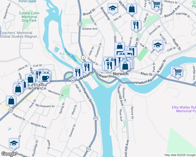 map of restaurants, bars, coffee shops, grocery stores, and more near 100 Chelsea Harbor Drive in Norwich