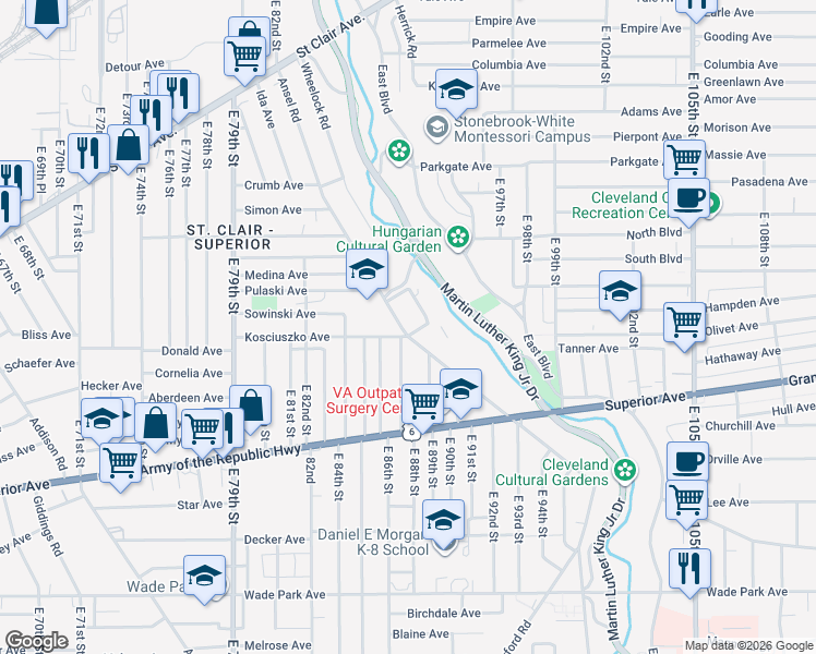 map of restaurants, bars, coffee shops, grocery stores, and more near 1181 East 87th Street in Cleveland