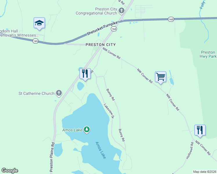 map of restaurants, bars, coffee shops, grocery stores, and more near 21 Bunny Road in Preston