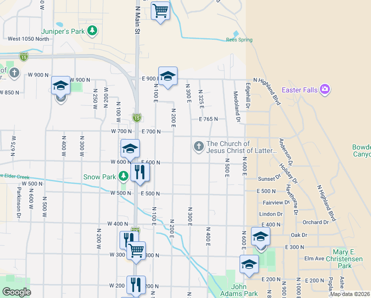 map of restaurants, bars, coffee shops, grocery stores, and more near 237 East 600 North in Brigham City