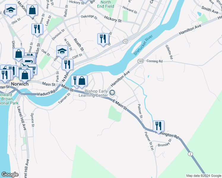 map of restaurants, bars, coffee shops, grocery stores, and more near 7 Hamilton Avenue in Norwich