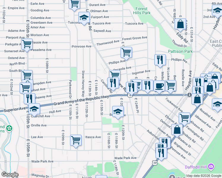 map of restaurants, bars, coffee shops, grocery stores, and more near 11701 Superior Avenue in Cleveland