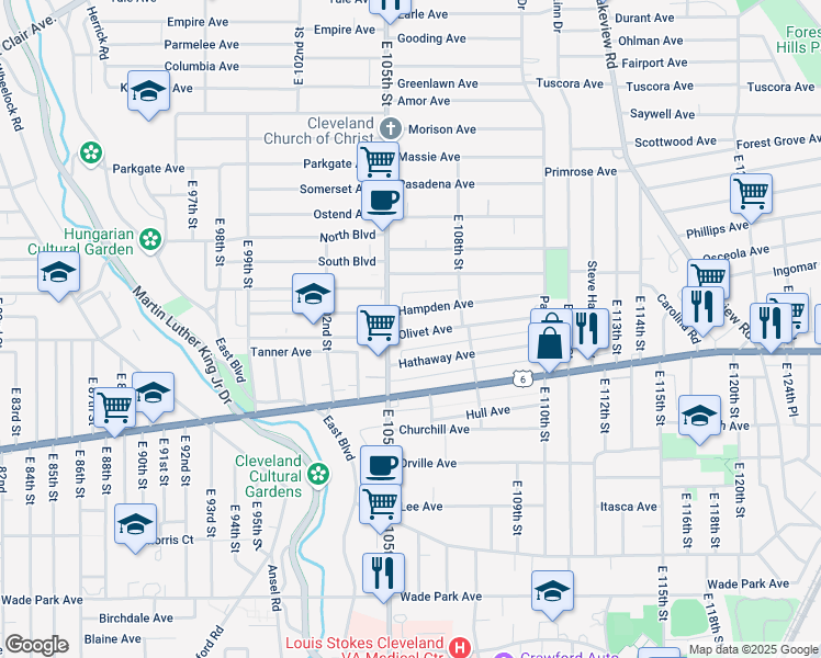 map of restaurants, bars, coffee shops, grocery stores, and more near 1239 East 105th Street in Cleveland