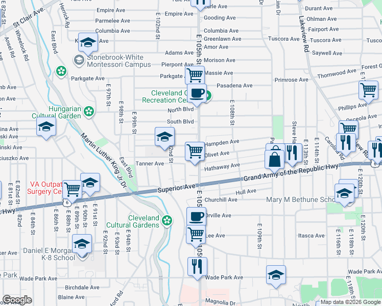 map of restaurants, bars, coffee shops, grocery stores, and more near 1241 East 103rd Street in Cleveland