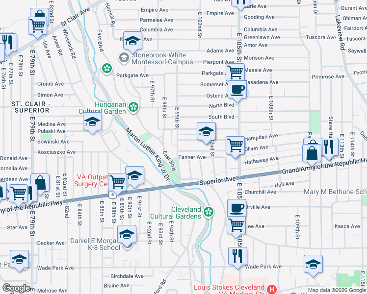 map of restaurants, bars, coffee shops, grocery stores, and more near 1229 East Boulevard in Cleveland