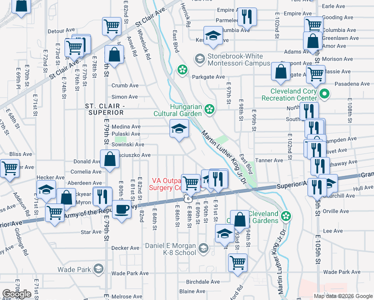 map of restaurants, bars, coffee shops, grocery stores, and more near 1181 East 87th Street in Cleveland