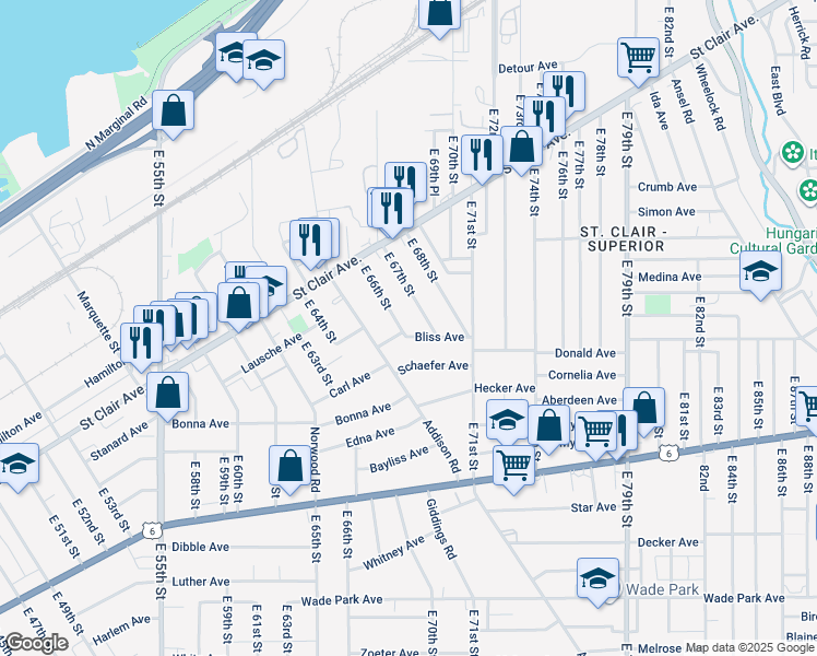map of restaurants, bars, coffee shops, grocery stores, and more near 6523 Schaefer Avenue in Cleveland