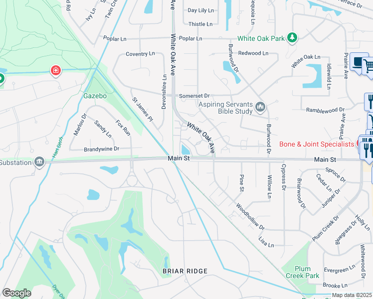 map of restaurants, bars, coffee shops, grocery stores, and more near 2211 Main Street in Highland