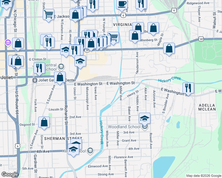 map of restaurants, bars, coffee shops, grocery stores, and more near 504 Albert Avenue in Joliet