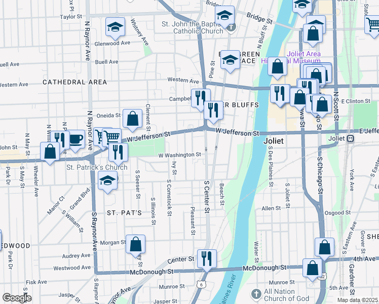 map of restaurants, bars, coffee shops, grocery stores, and more near 5 South Center Street in Joliet