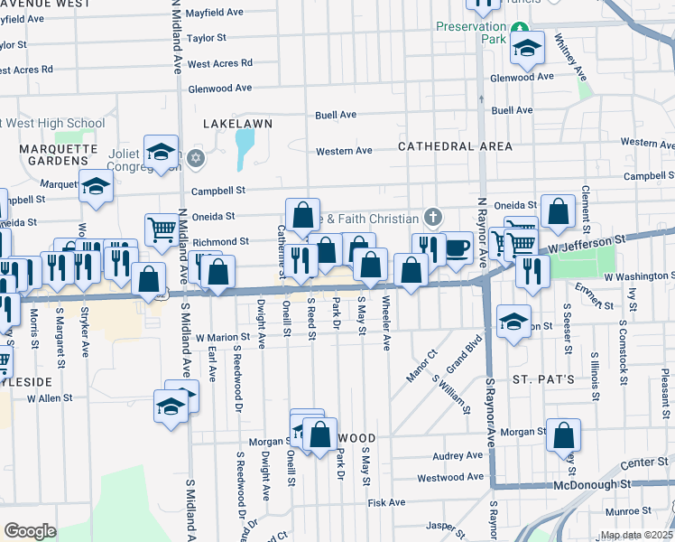map of restaurants, bars, coffee shops, grocery stores, and more near 1104 West Jefferson Street in Joliet