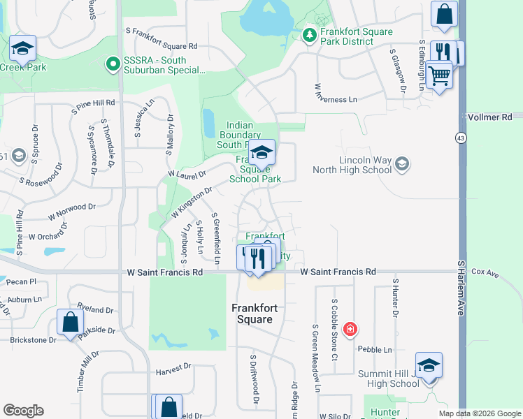 map of restaurants, bars, coffee shops, grocery stores, and more near 20153 South Deerfield Court in Frankfort